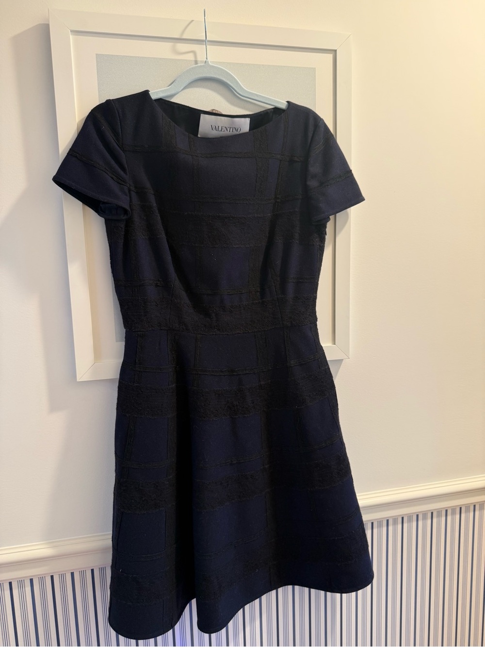 Valentino Navy Textured Short-Sleeve Fit-and-Flare Mini Dress